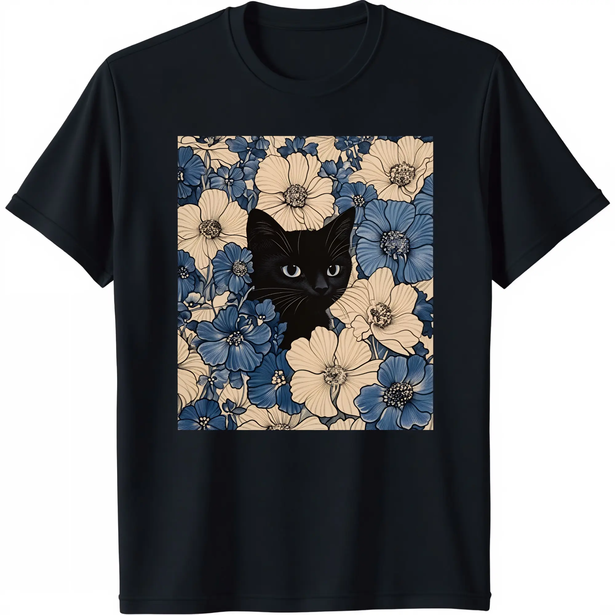 Black Cat Floral Pattern, Fun Print, Vintage Washed Pure Cotton T-shirt Y2k Style American Street Style Suitable for Both Men and Women To Wear Men Gifts,t shirts for men,white tee,funny t shirt,graphic t shirts,men's t shirts,good graphic tees,funny