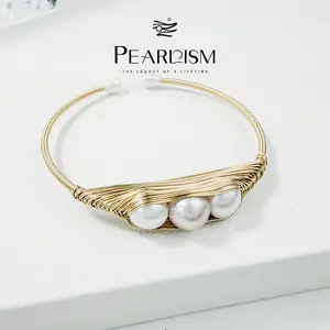 PEARLISM Seedless Freshwater Pearl Wire-Wrapped Cuff Bracelet | Gold/Silver Tone Handcrafted 3-Pearl Statement Bangle-PSBG1305S/G