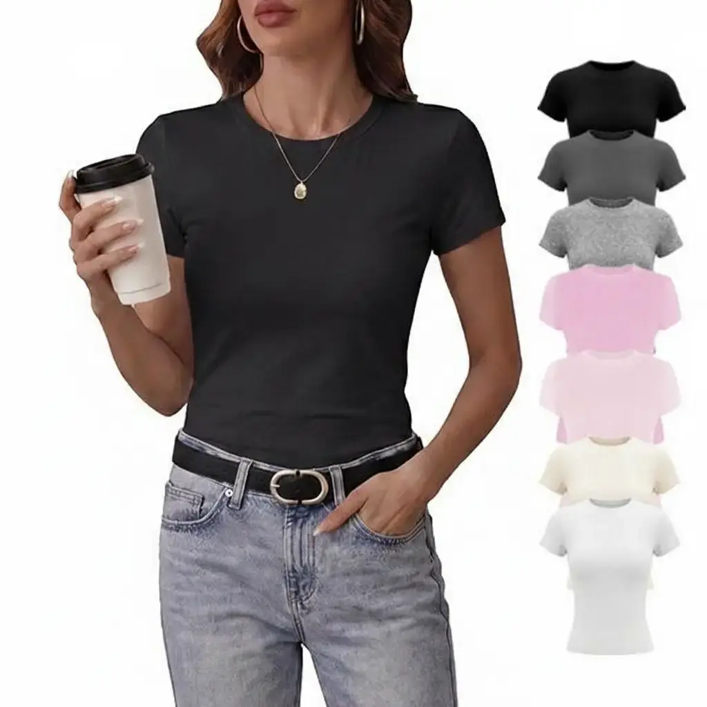 GetMeet Women's Cotton Crew Neck T-Shirt, Solid Loose Fit Summer Tee, Casual Basic Top for Everyday Wear