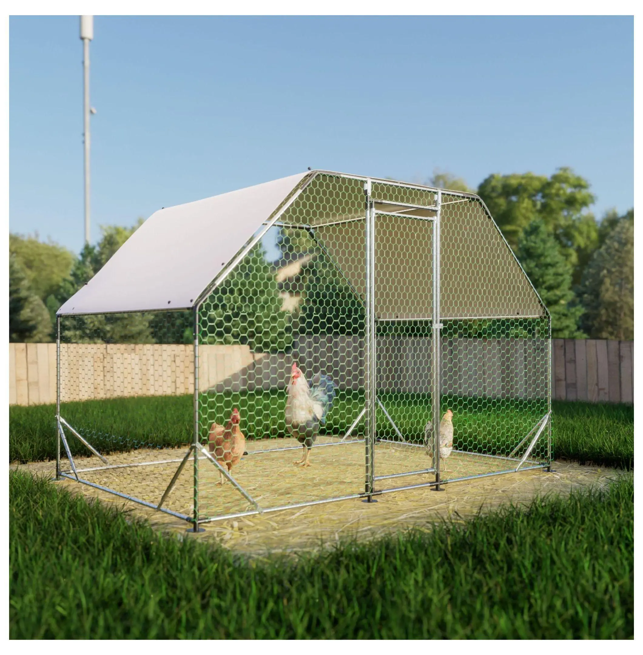 Galvanized Steel Walk-in Poultry Cage - 9.94'l x 6.46'w x 6.36'h Large Coop for Chickens/Rabbits, Hex Mesh Walls, Waterproof Cover, Year-Round Safe Design