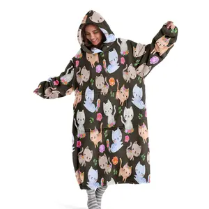 hoodie blanket, Wearable Blanket, Cute Cat Pattern Wearable Blanket Hoodie, Long Loose Flannel Sweatshirt, Comfortable Giant Hooded Blanket, Perfect Gift for Adults, Christmas Gift, Valentine's Day gift, Cozy Hooded Blanket