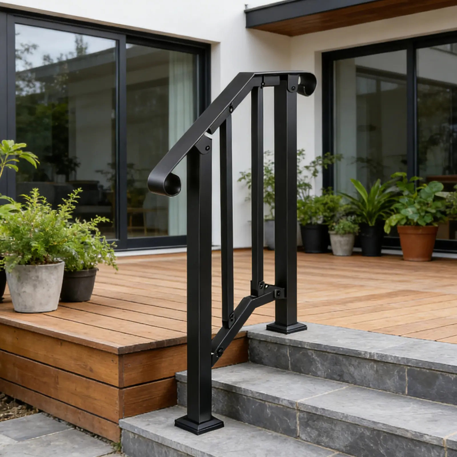 Handrails for Outdoor Steps, 1 Step Stair Hand Rail Kit, Transitional Carbon Steel Railings with Installation Kit, Stair Rails for Seniors, Concrete Steps & Porch & Deck, Black Retro Arch