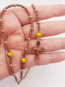 Catholic Rosary, Hazel, Prayer Beads, Cross Necklace, Brown and gold