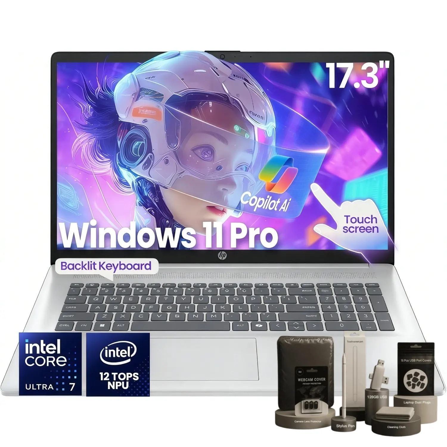 HP 17-inch Touchscreen Business Laptop · Intel 12-Core Ultra 7 255U · 12 NPU Tops · AI Copilot Ready · HD+ Display · Backlit KB · Privacy Camera · Win 11 Pro · w/Accessory (Up to 64GB DDR5 | 2TB SSD)