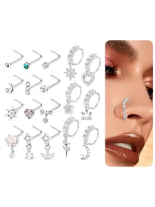 18Pcs Dangle Nose Rings Hoop L Shape Stainless Steel Nose Studs Screw Opal CZ Flower Leaf Crown Heart Moon Nostril Piercing Jewelry For Women Men Gold Silver Tone 20G Nose Rings Set
