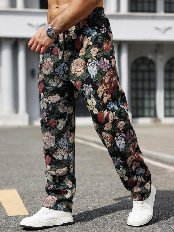Men's Casual Floral Woven Pants, Elastic Drawstring Waist, Loose Fit, Perfect for Beach Vacation & Music Festivals