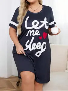 【 Plus Size】Heart & Letter Print Nightdress, Slip Dresses, Casual Soft Comfortable Round Neck Short Sleeve Nightgown for Women, Women's Sleepwear Soft Loungewear for All Seasons, Navy Blue