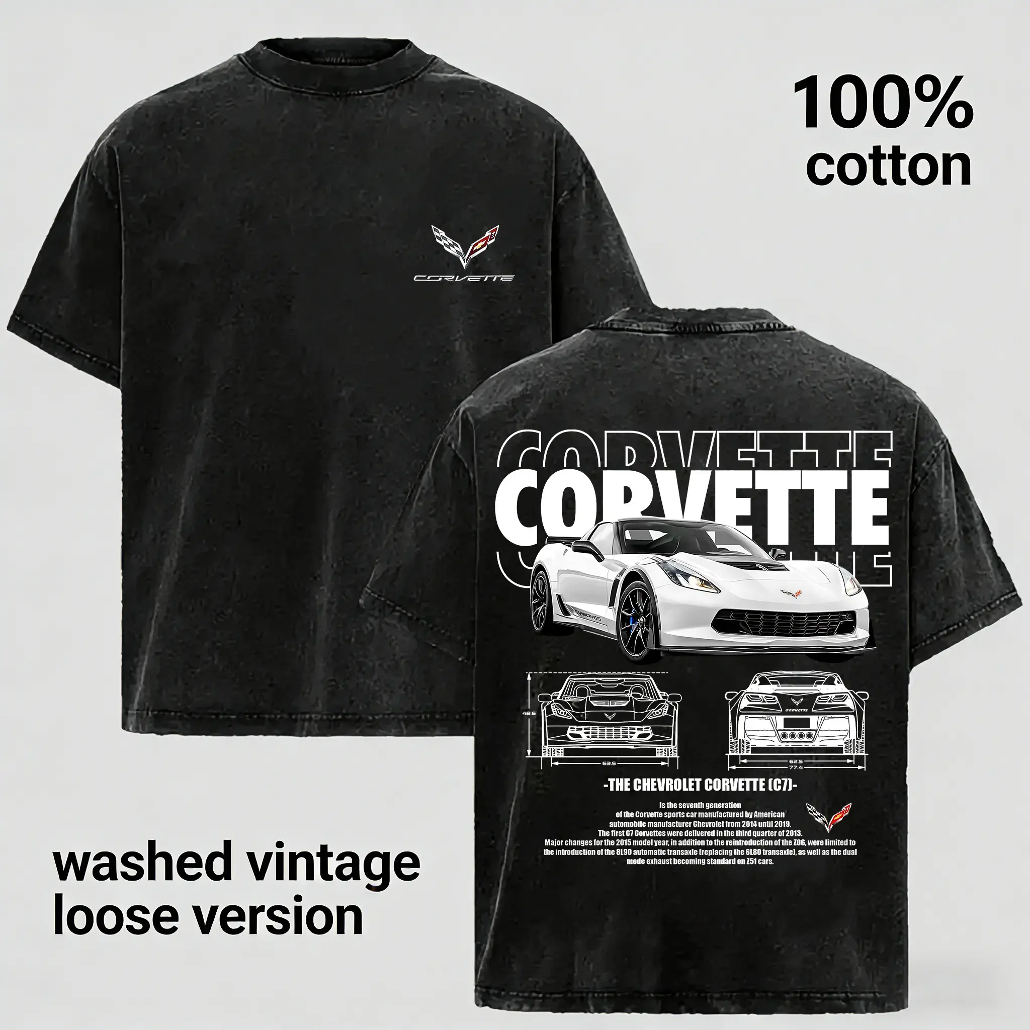 Vintage Washed American Sports Car Graphic Tee | Retro Corvette Style Oversized Muscle Car Shirt | 100% Cotton Y2K Streetwear Classic Auto Apparel for Men & Women