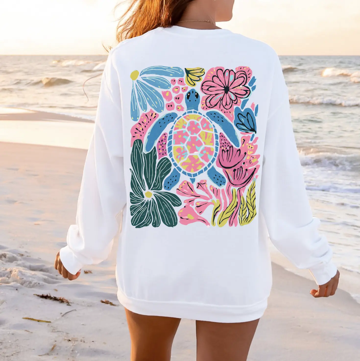 Colorful Floral Sea Turtle T-Shirt or Sweatshirt – Tropical Summer Graphic Sweatshirt or T-Shirt