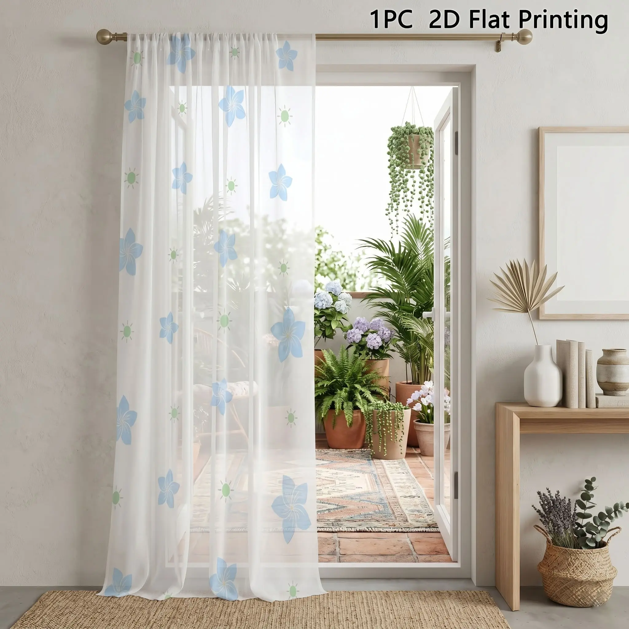 1-piece blue floral sheer curtain with light transmission, 2D tropical flower printed design, minimalist and fresh style. Suitable for living room, bedroom, balcony, bay window, rental renovation and over 99 daily occasions.