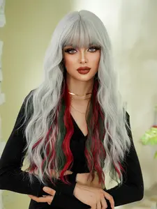 26 Inch Long Wave Christmas Wigs for Women, Loose Wave Wigs, Modest Fashion Fluffy Wavy Curly Wig with Bangs, Synthetic Full Machine Heat Resistant High Density Fiber Hair Wigs for Girls Party Wear, Valentine's Day Streetwear,Halloween Cosplay Use