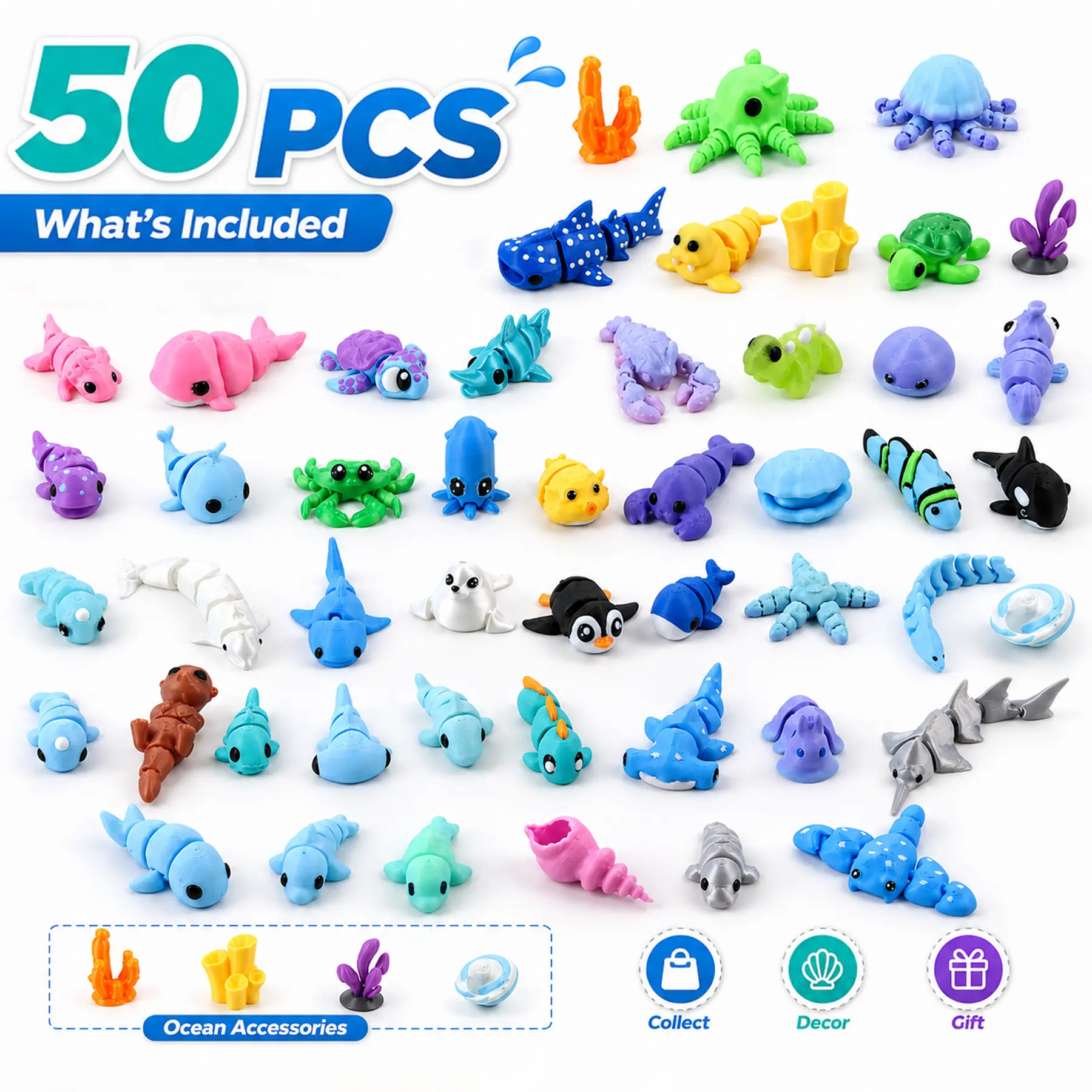 ZAVIROXEL 50 Pcs 3D-Printed Articulated Sea Animals Mini Figurine Collection, Assorted Ocean Life Micro-Models with Coral Decor Accessories, Transparent Box, Smooth Surface, Articulated Joints for Desktop Décor & Diorama Souvenir