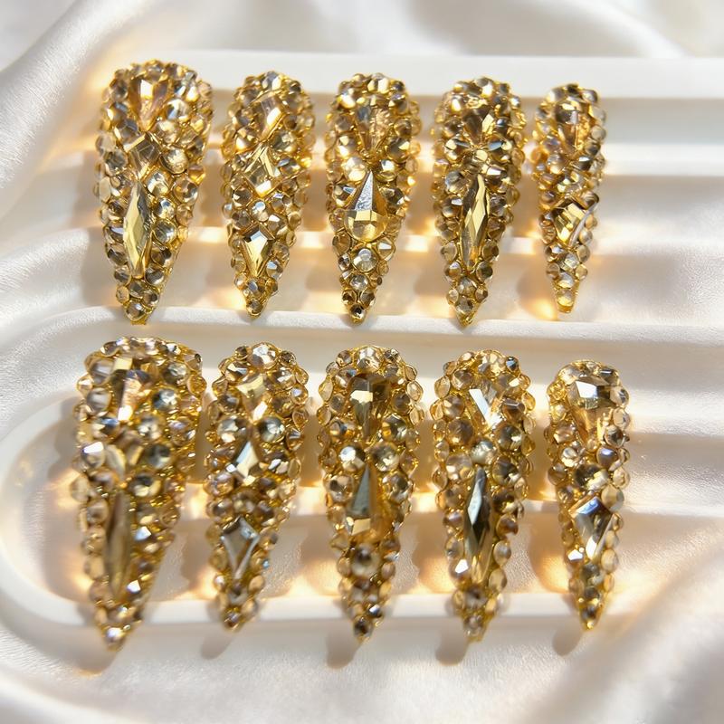 Bohemian 10PCS 3CM Long Waterdrop Pointed K9AB Champagne Gold Glass Full Diamond Luxury European & American Pure Handmade Wearable Nails