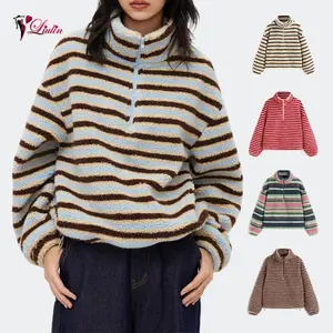 Women's Spring Autumn Fleece Sweatshirt Long Sleeve Half Zip High Neck Striped Pullover