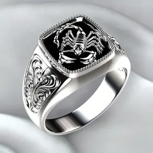 Exquisite Silver Patterned Scorpion Men's Ring, Fashionable Hip-hop Nightclub Style, Domineering Male Jewelry Solitaire Stackable Rings