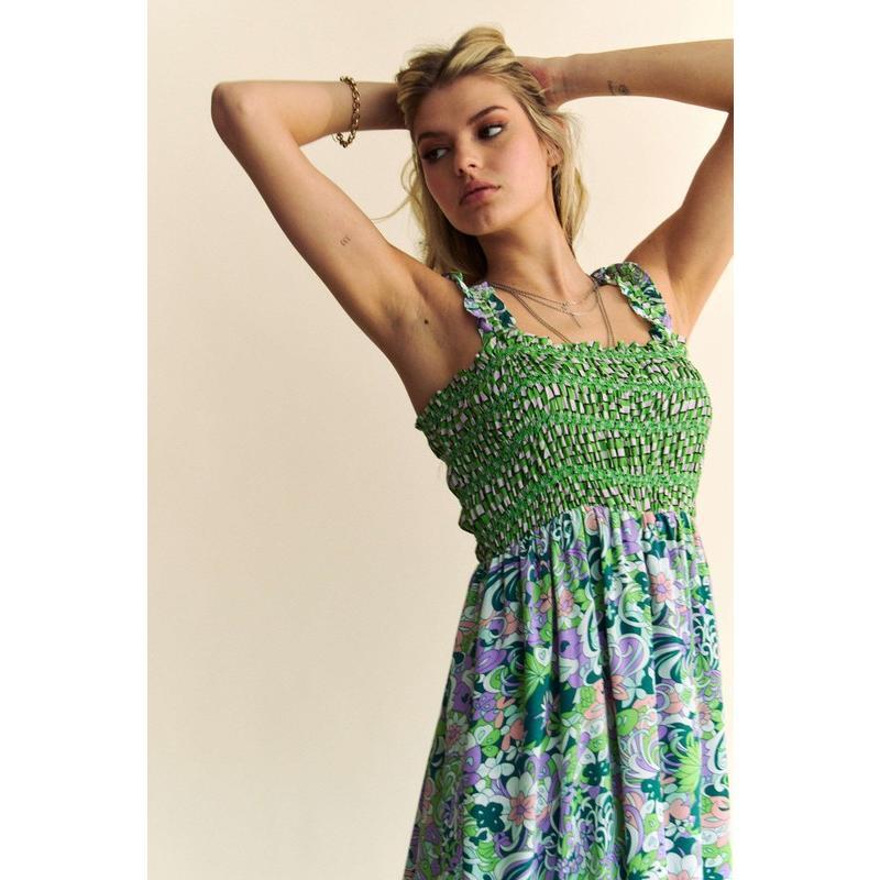 Davi & Dani Multi Smocked Bodice Geo Ruffle Strappy Midi Dress