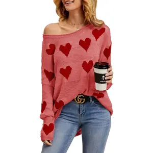 Saodimallsu Womens Cute Love Heart Print Sweaters Oversized Off The Shoulder Loose Knitted Valentine Pullover Blouse Top Casual Long Sleeve