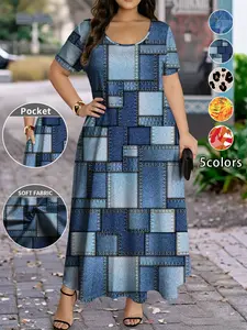 Elegant Plus Size Women's Dress, Geometric Art Patchwork Colorblock Print, Casual Round Neck Short Sleeve Long Dress, 5 Colors Available