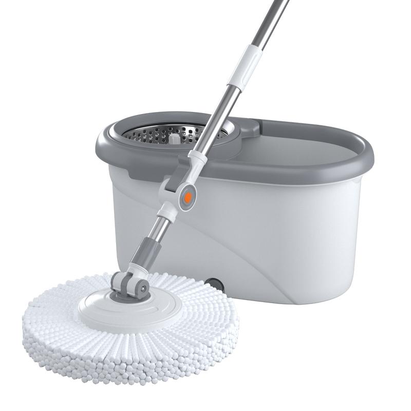 A 360° spin mop bucket set, equipped with 2 microfiber replacement heads, mop bucket, stainless steel adjustable handle, household cleaning tool, suitable for various floor cleaning tasks. Wipes