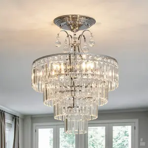 Modern Silver Crystal Chandelier, Dimmable K9 Crystal 15.3-Inch E12 Chandelier for Living Room/Bedroom/Kitchen Island/Hallway/Dining Room