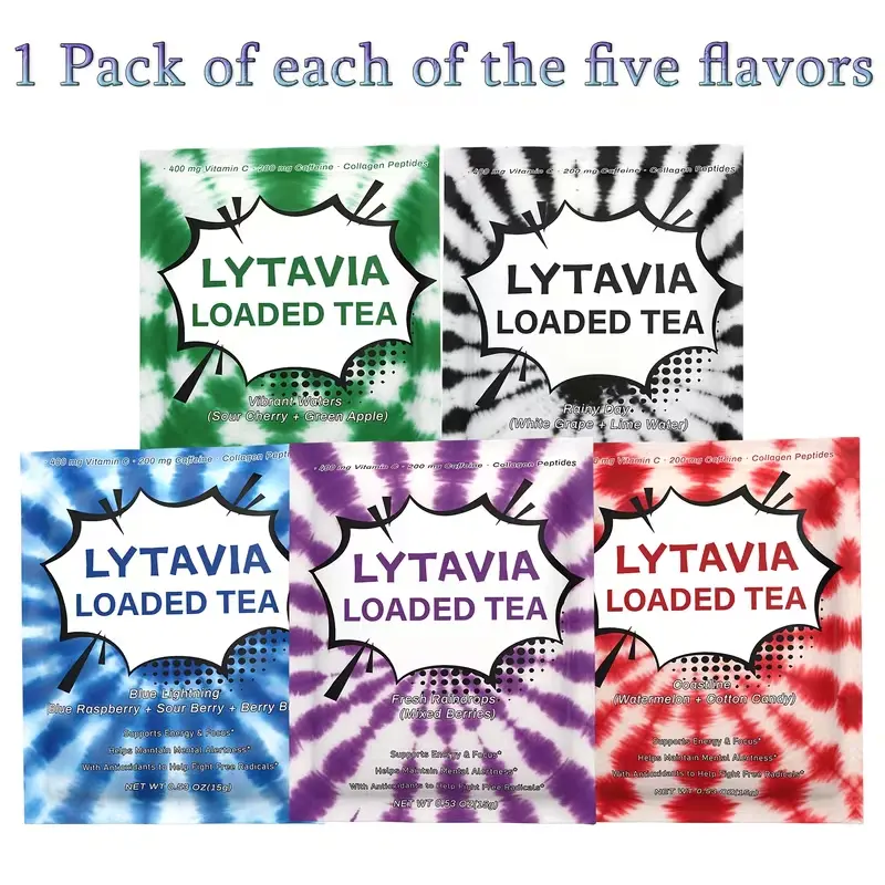 Lytavia Ready-to-Drink Energy Drink Mix — contains 200 mg caffeine, collagen peptides, and 3 g protein; sugar-free, gluten-free — 0.53 oz (15 g) (Sour Cherry + Green Apple, Mixed Berries, White Grape + Lime Water)