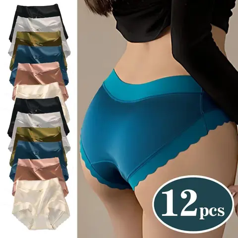Lady's Comfortable Elegant Seamless Underwear Set - 6pcs/12pcs, Mid-High Waist, Cotton-Ice Silk-Satin Fabric, Fitted Full Coverage, Breathable Glossy Pilling-Resistant No-Show Lightweight Undies for Everyday & Halloween Wear
