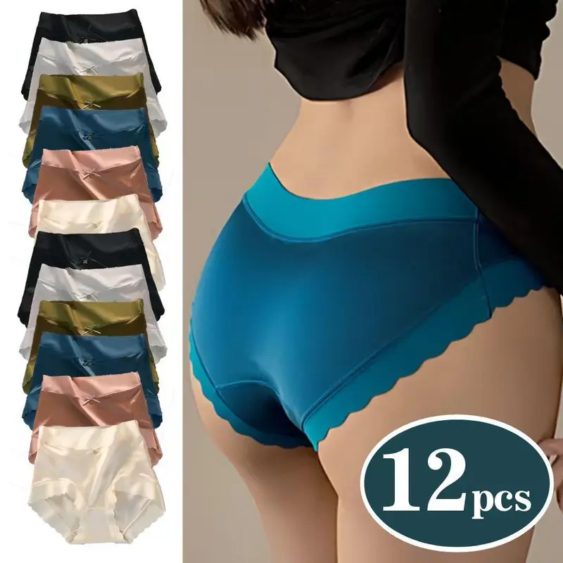 Lady's Comfortable Elegant Seamless Underwear Set - 6pcs/12pcs, Mid-High Waist, Cotton-Ice Silk-Satin Fabric, Fitted Full Coverage, Breathable Glossy Pilling-Resistant No-Show Lightweight Undies for Everyday & Halloween Wear