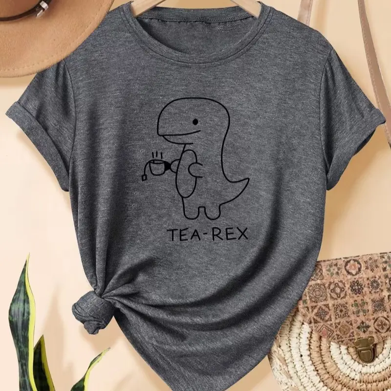 Women's Cute Line Art Tea-Rex Graphic T-Shirt, Funny Dinosaur Holding Tea Cup Pun Crew Neck Short Sleeve Soft Casual Tea Lover Top