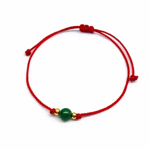 Dainty Green Jade Bracelet with Red Cord and Gold Accents for Everyday Wear