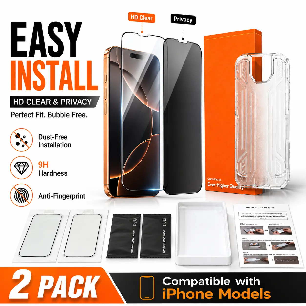 2-pack screen protector, more cost-effective when paired with a 360-degree stand phone case.Suitable for iPhone devices - scratch-resistant and durable, ultra-smooth to the touch, privacy protection, circular polarized eye protection, easy to install