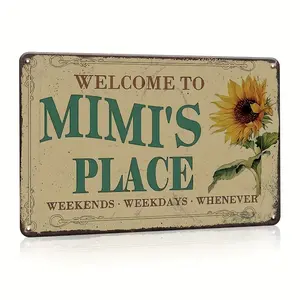 Mimi's Place Metal Sign - Iron Wall Decor for Thanksgiving, Easter, Christmas, Birthday, Anniversary - Retro Sunflower Design, Grandma Gift, Vintage Tin Plaque, 12x8 inches, Pre-Drilled Holes for Easy Mounting, 1pc