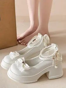 Sweet Lolita Style Lace Trim Bow Mary Jane Shoes, New Milk Patent Leather Ankle Strap Chunky Heel Platform Shoes