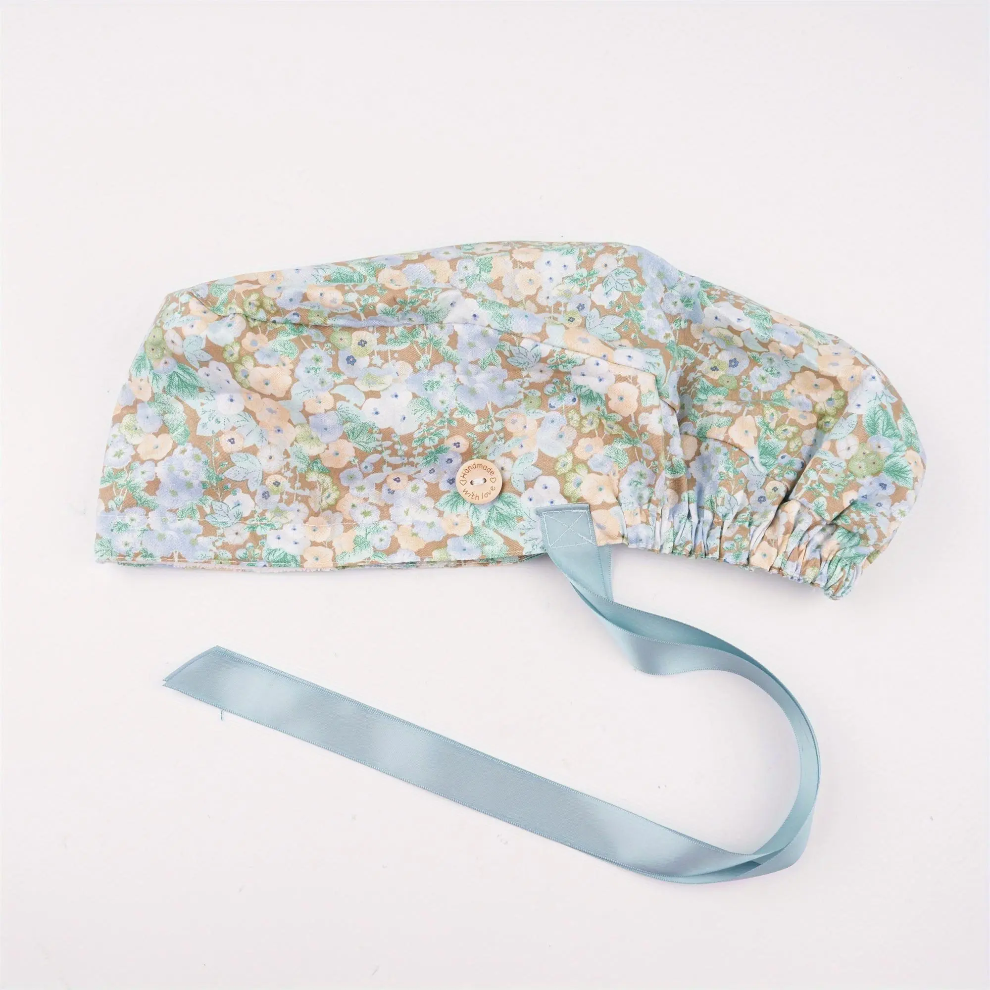 Blue Brown Floral Cotton Hair Scrub Cap with Ribbon, Premium Soft Fabric, Hats for Surgical, Medical, Vet,Holiday