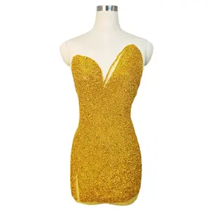 Luxury Gold Beaded Applique Bodice for Evening and Formal Dresses Handmade Rhinestone Decoration Custom Embellished Mesh for Bridal Prom and Party Wear