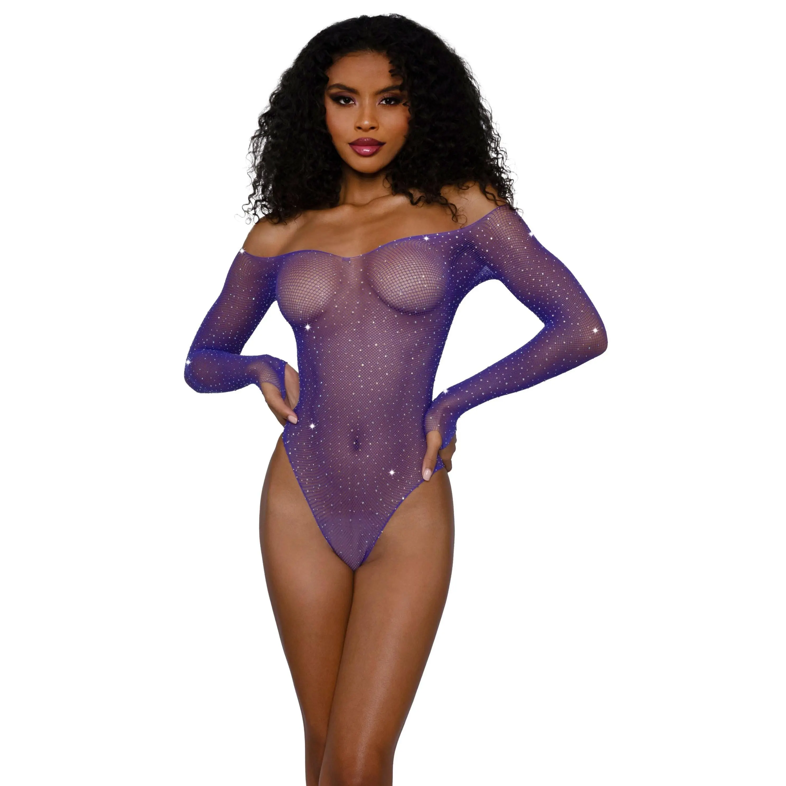 Ultra Violet Rhinestone Fishnet Teddy