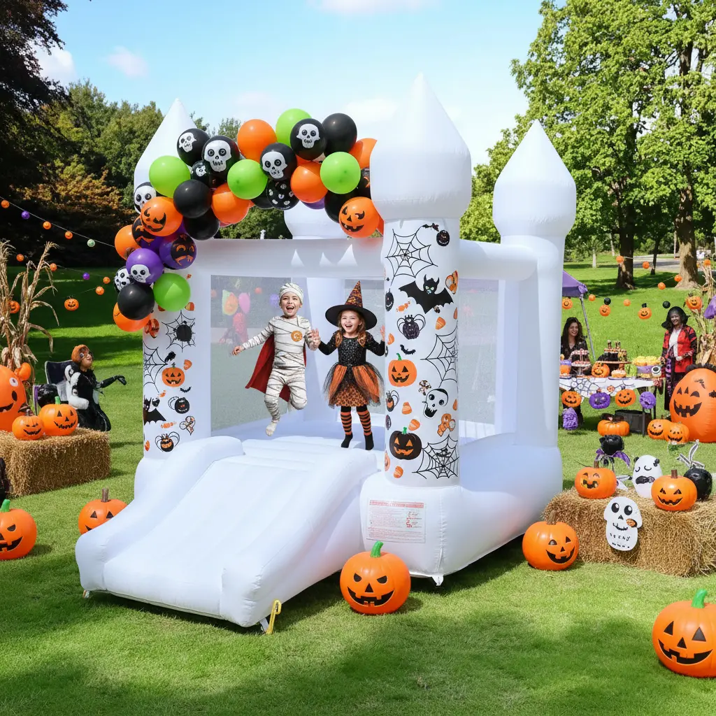 Kids' Inflatable White Bounce House with Slide and Air Blower, Toddler Outdoor Playground Inflatables Toy Brithday/Helloween/Christmas party event/Halloween decorations