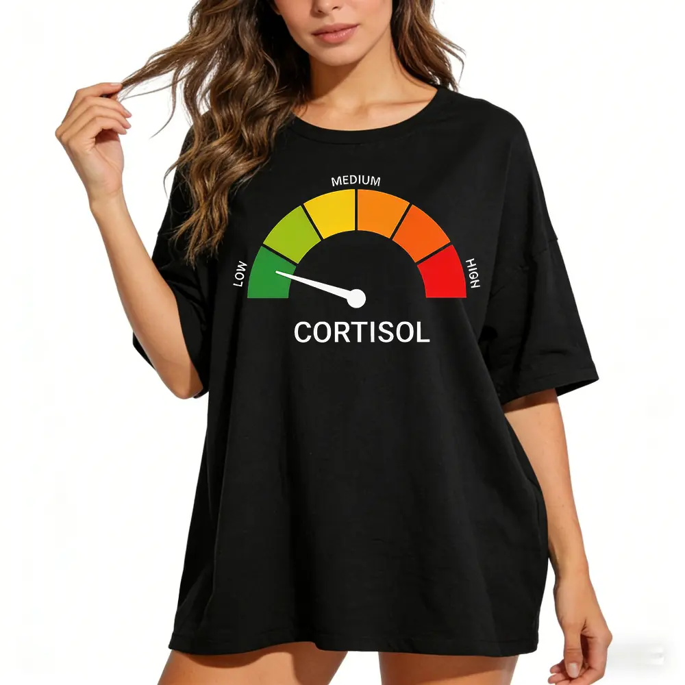 Lady's 100% Pure Cotton Ribbed Knit Shortsleeve Tshirt - Elastic Fabric, Loose Fit, Seamless Solid Round Neck Everyday Basics Top for Low Cortisol Hormone Monitoring