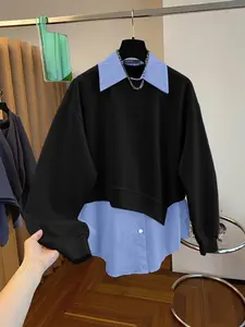 Casual Long Sleeve Loose Pullover Hoodie, Asymmetrical Splicing Design, Mock Neck, Fake Two-Piece Set, Women's Fashion Sweatshirt