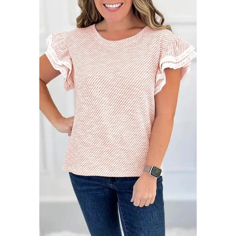 Light Pink Twilled Print Lace Trim Ruffled Short Sleeve Blouse