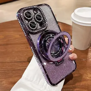 Glitter Rhinestone Decor Phone Case with Ring, Shockproof Phone Protective Cover, Phone Accessory Compatible with iPhone 16 15 14 13 12 11 Pro Max, Casing