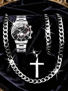 4pcs Men's Watch Set with Necklaces and Bracelet, Casual Business Style, Perfect Gift for Holidays, Birthdays, Father's Day