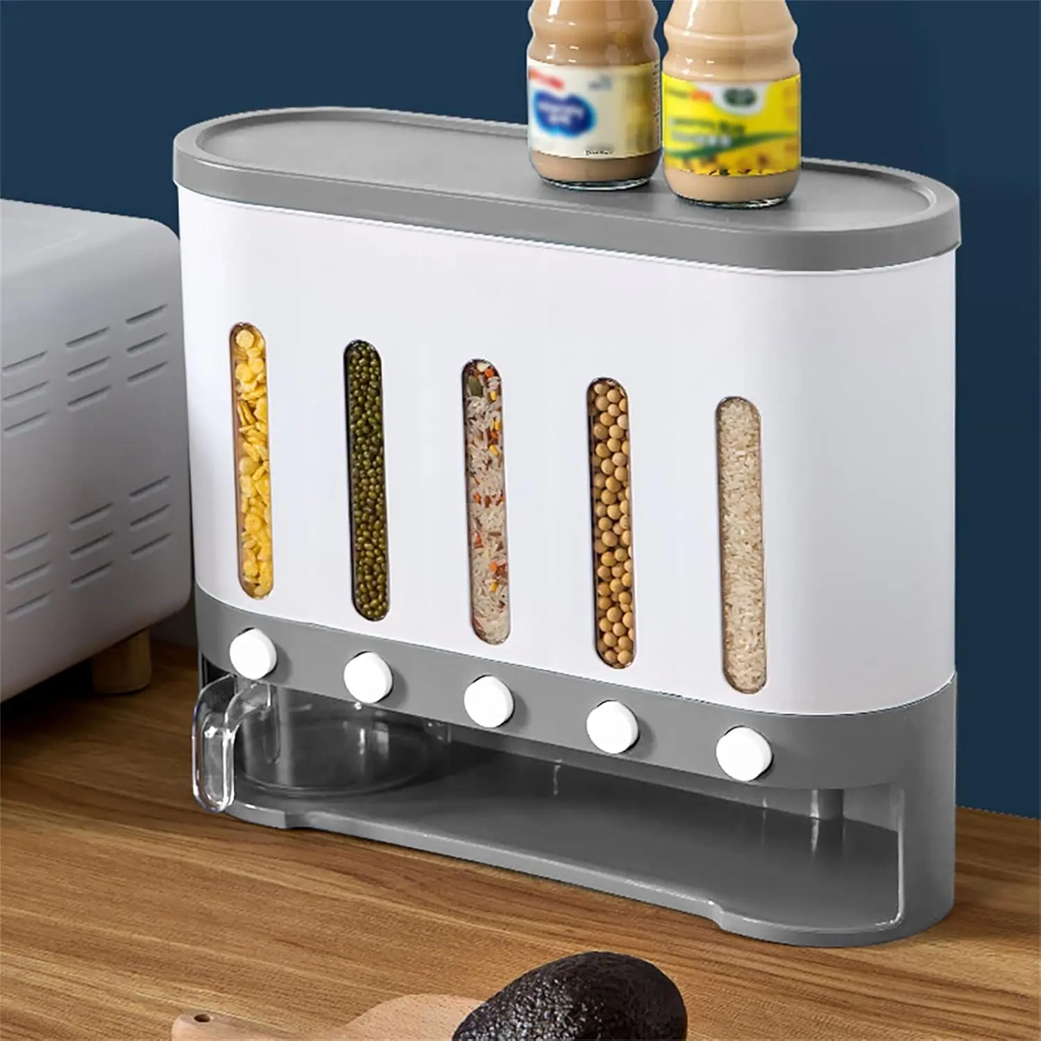 5 Grid Grain Dispenser Rice Dispenser Countertop Multi Cereal Dispenser Wall Mounted Dry Food Dispenser Rice Bucket Grains Storage Container for Rice, Beans, Grains,Dry Food Kitchen Utensils