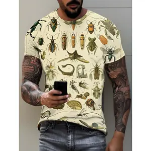 Men' Insect Specimen Print T-Shirt - Soft Blended Fabric Suitable for Summer, Casual Hip-Hop Streetwear with Insect Patterns, Round Neck Short Sleeve Opaque Shirt for Spring/Autumn Outfits, Machine Washable Male Fashion, PLUS SIZE