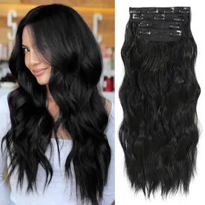 Clip in Hair Extensions 20 Inch Long Wavy Natural Black Hair Extensions Double Weft Synthetic Hairpieces for Women