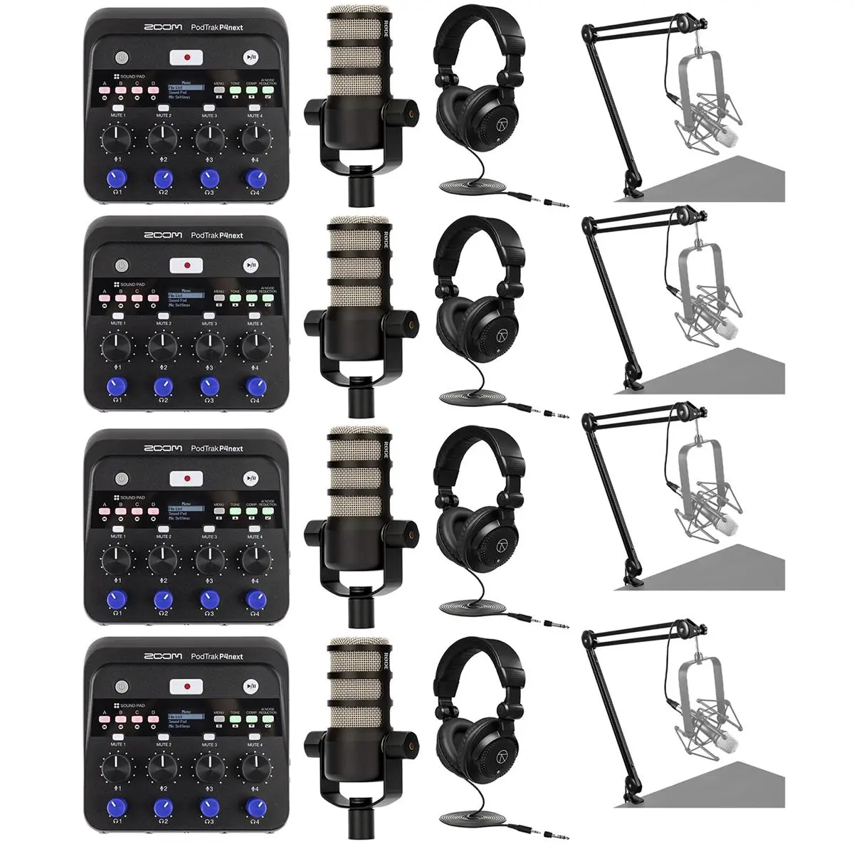Zoom PodTrak P4next Podcast Recorder Bundle with PodMic Dynamic Podcasting Microphone, Closed-Back Studio Monitor Headphones, Internal-Spring Broadcast Arm, 10' XLR Cable, AA Batteries & Tone Shaping Feature