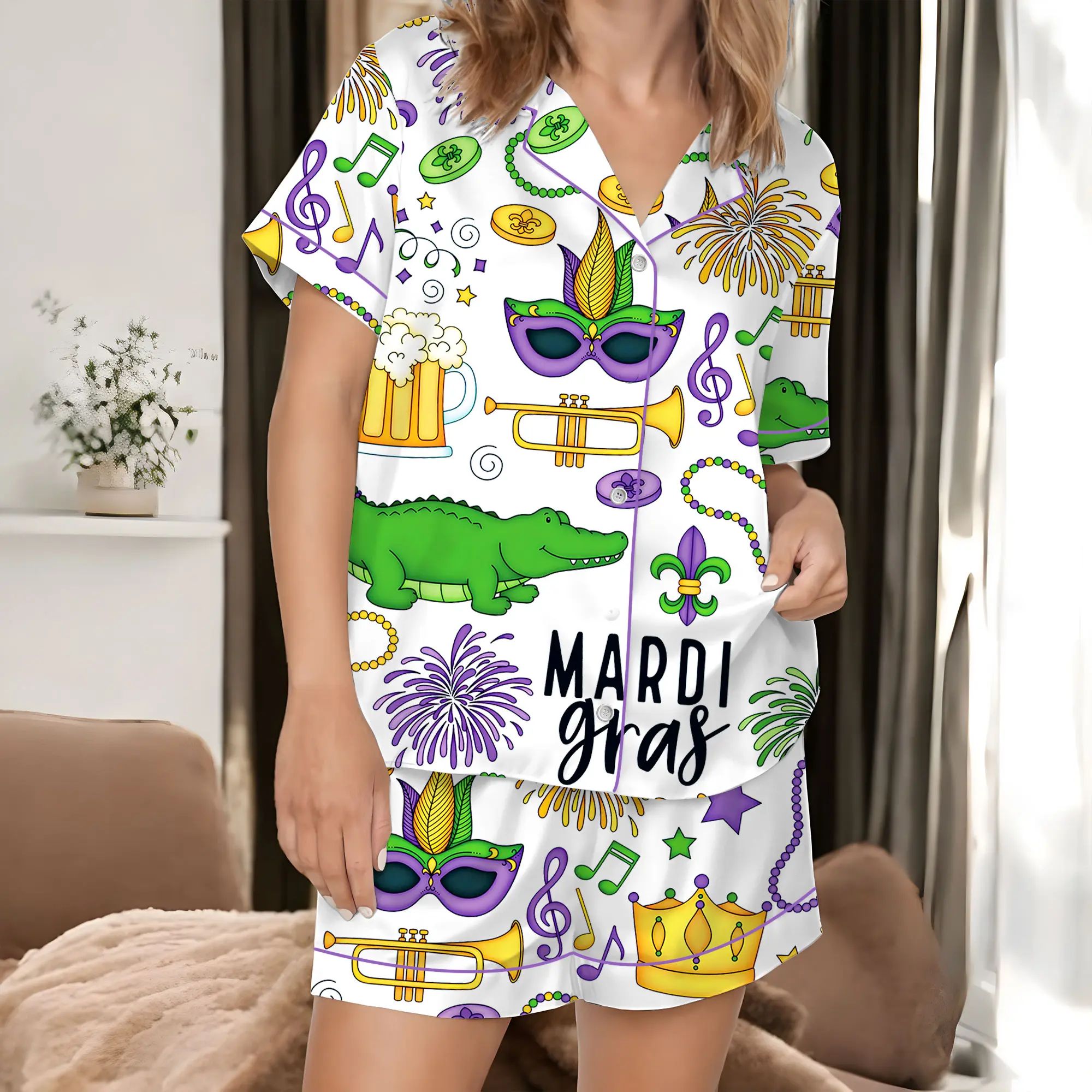 Mardi Gras Satin Pajama Set for Family, New Orleans Pajamas Set, Satin Pajama Set For Women, Mardi Gras Carnival Pajamas Set, Pajamas Pants, Mardi Gras Pajama For Women Men, New Orleans Cruise Holiday Pajamas