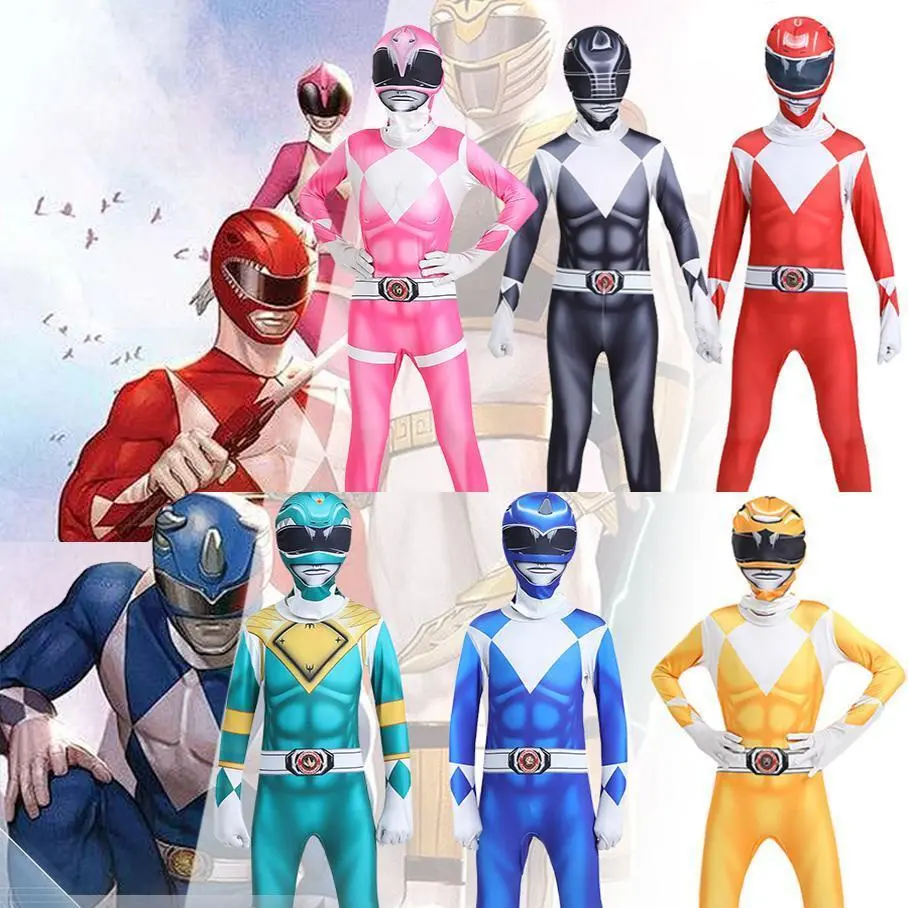 Fantasia Power Samurai Sentai Cosplay Costume - Polyester Long-Sleeve Zentai Jumpsuit for Kids & Adults, Red/Green/Pink Ranger Outfit with Morpher, Mystic Force Mask for Halloween Fancy Dress