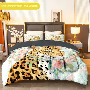 3pcs (1 comforter + 2 pillowcases) Leopard - Print Flannel & Milk Velvet Comforter Set, Soft Warm Cozy Bedding Essentials for Adults, Trendy Milk Velvet Bedding Set