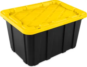 Sterilite 27 Gal Industrial Tote, Stackable Storage Bin with Snap-Fit Lid for Garage, Black Base and Yellow Lily Lid, 6-Pack Boxes Organiser