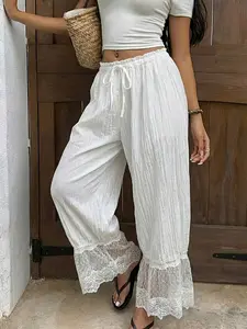 White Textured Lace Trim Wide Leg Pants Women Elastic Waist Drawstring Loose Trousers Boho Beach Vacation Summer Going Out Bottom Elegant Chic Loungewear Fashion